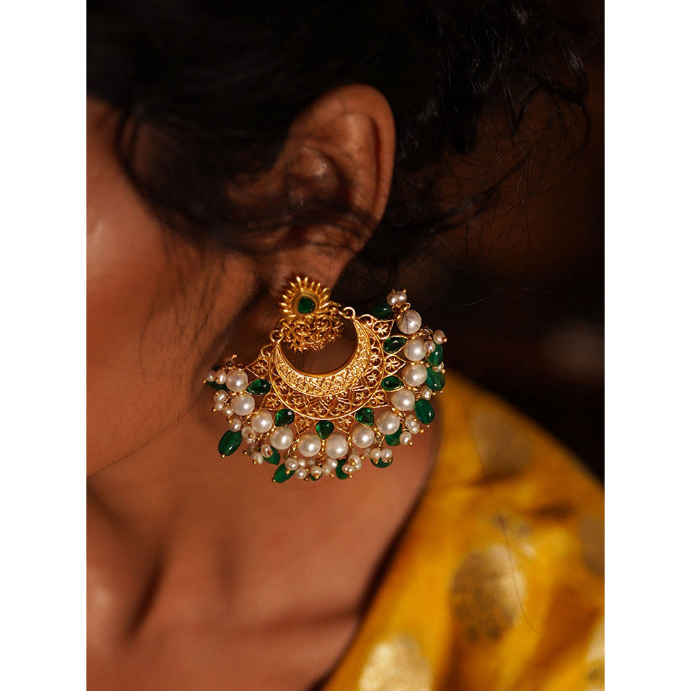 ZARIIN Green White Miniature Pearls Handcrafted Dangler Earrings