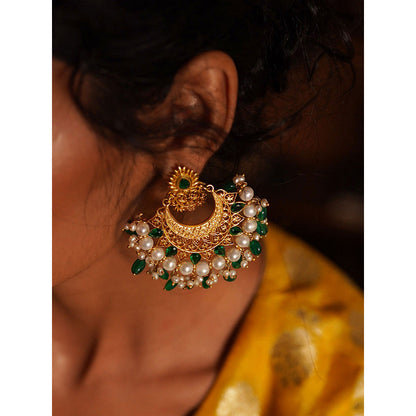 ZARIIN Green White Miniature Pearls Handcrafted Dangler Earrings