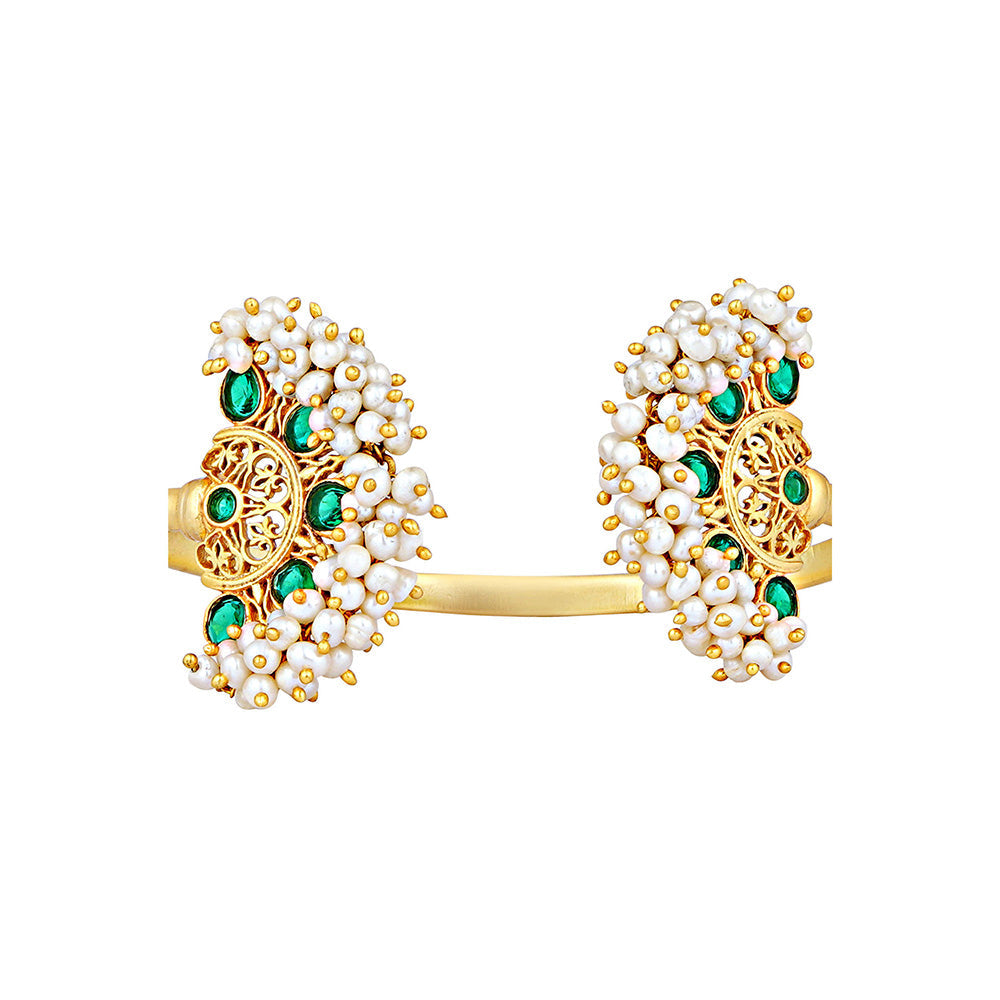 ZARIIN White Green Gold Plated Handcrafted Pearls Bangle