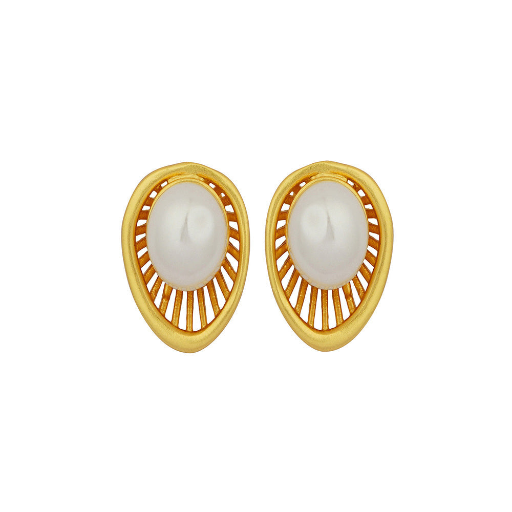 ZARIIN 22Kt Gold Plated Brass White Shell Pearl Glam & Party Wear Studs Earrings