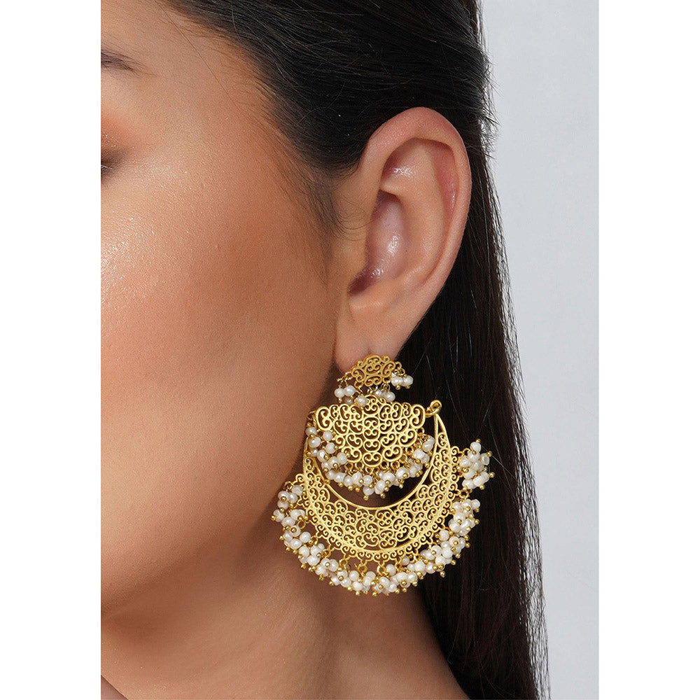 ZARIIN 22Kt Gold Plated Handcrafted with Natural Fresh Water White Pearl Wedding Drop Earrings
