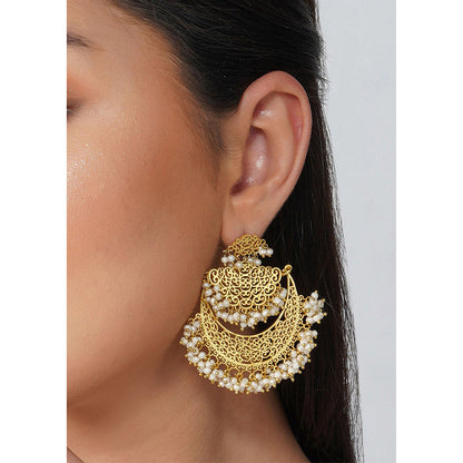 ZARIIN 22Kt Gold Plated Handcrafted with Natural Fresh Water White Pearl Wedding Drop Earrings