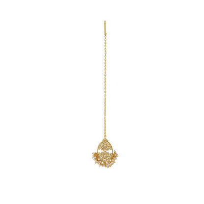 ZARIIN 22Kt Gold Plated Handcrafted with Natural Fresh Water White Pearl Maangtika