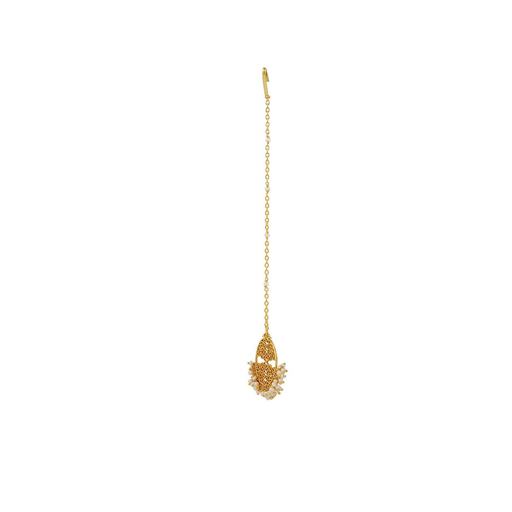 ZARIIN 22Kt Gold Plated Handcrafted with Natural Fresh Water White Pearl Maangtika
