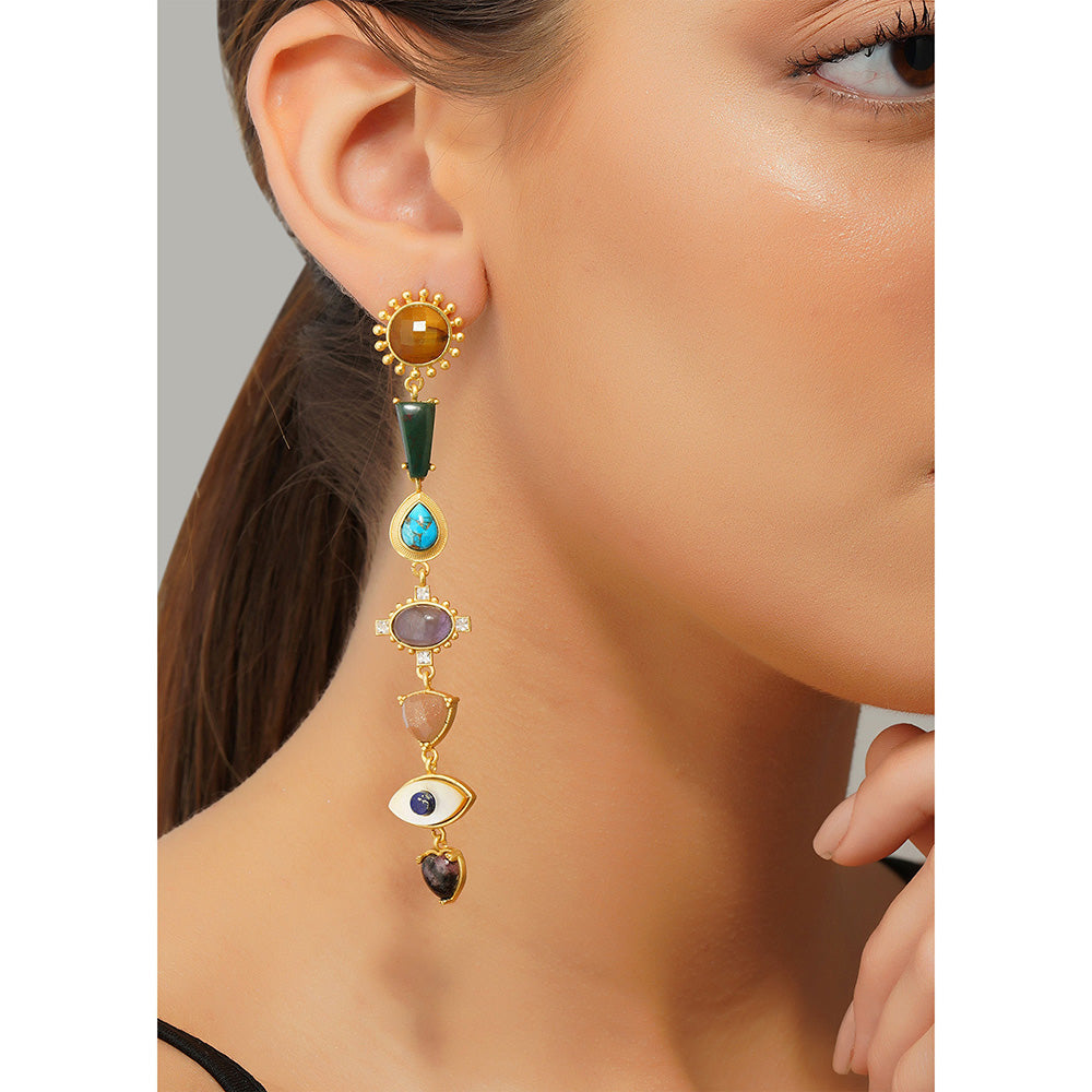 ZARIIN 22Kt Gold Plated Multi Stone Healing Drop and Dangler Earrings