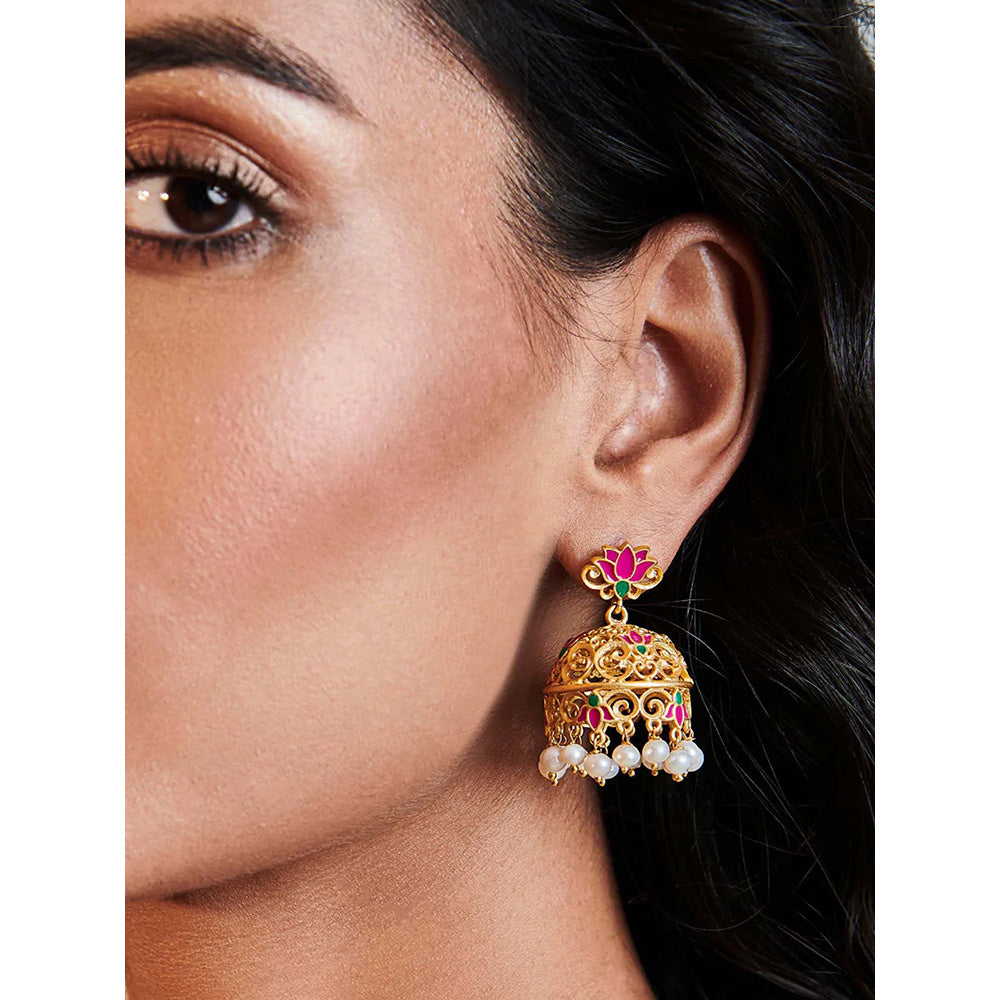 ZARIIN 22KT Gold Dipped in Pink Enamel Gul Lotus Jhumkas