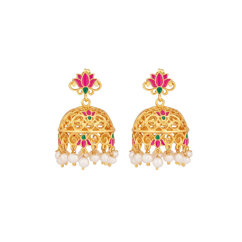 ZARIIN 22KT Gold Dipped in Pink Enamel Gul Lotus Jhumkas