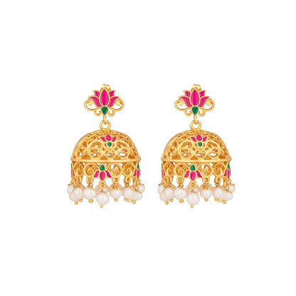ZARIIN 22KT Gold Dipped in Pink Enamel Gul Lotus Jhumkas