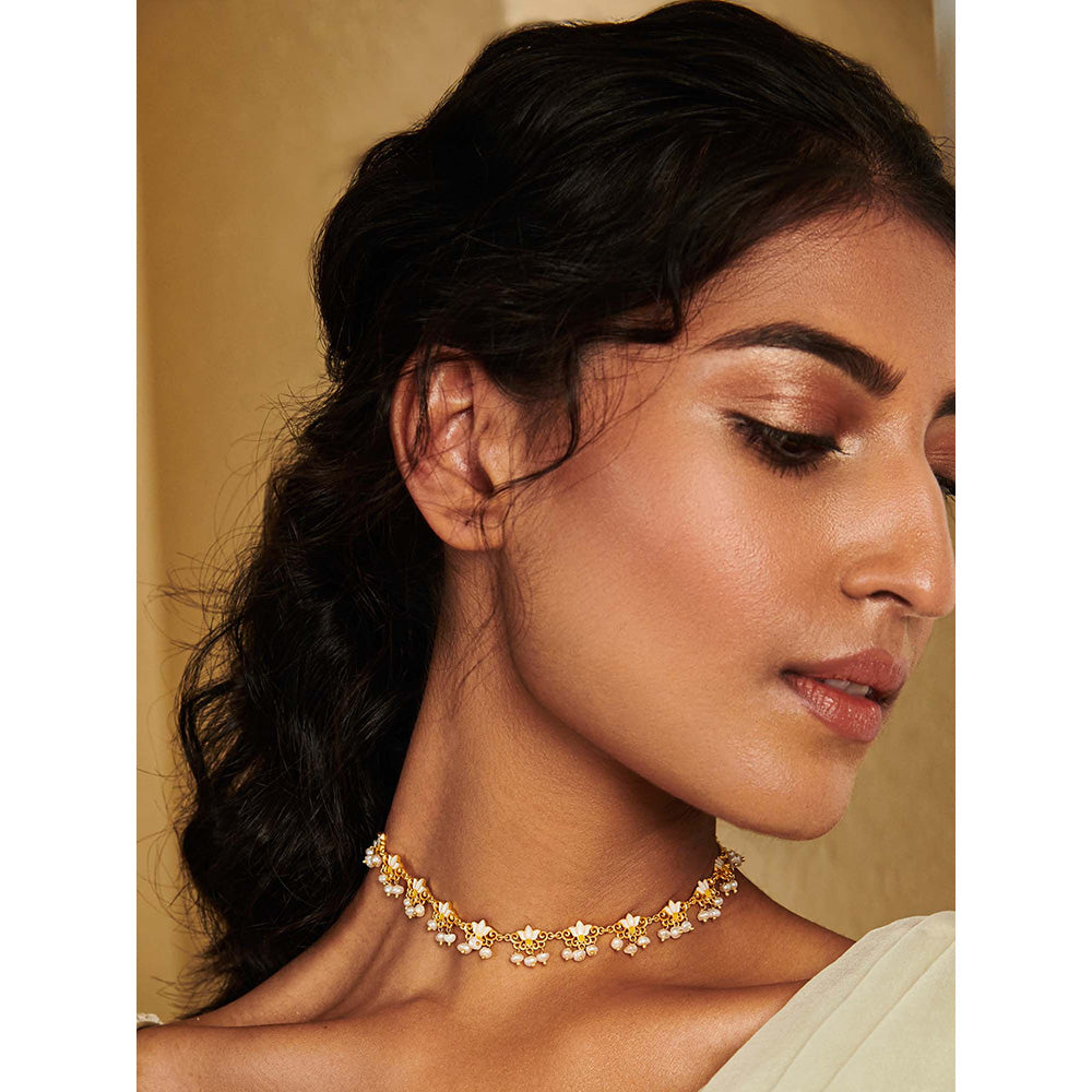 ZARIIN 22KT Gold Dipped in White Enamel Lotus Silk Delicate Collar Necklace