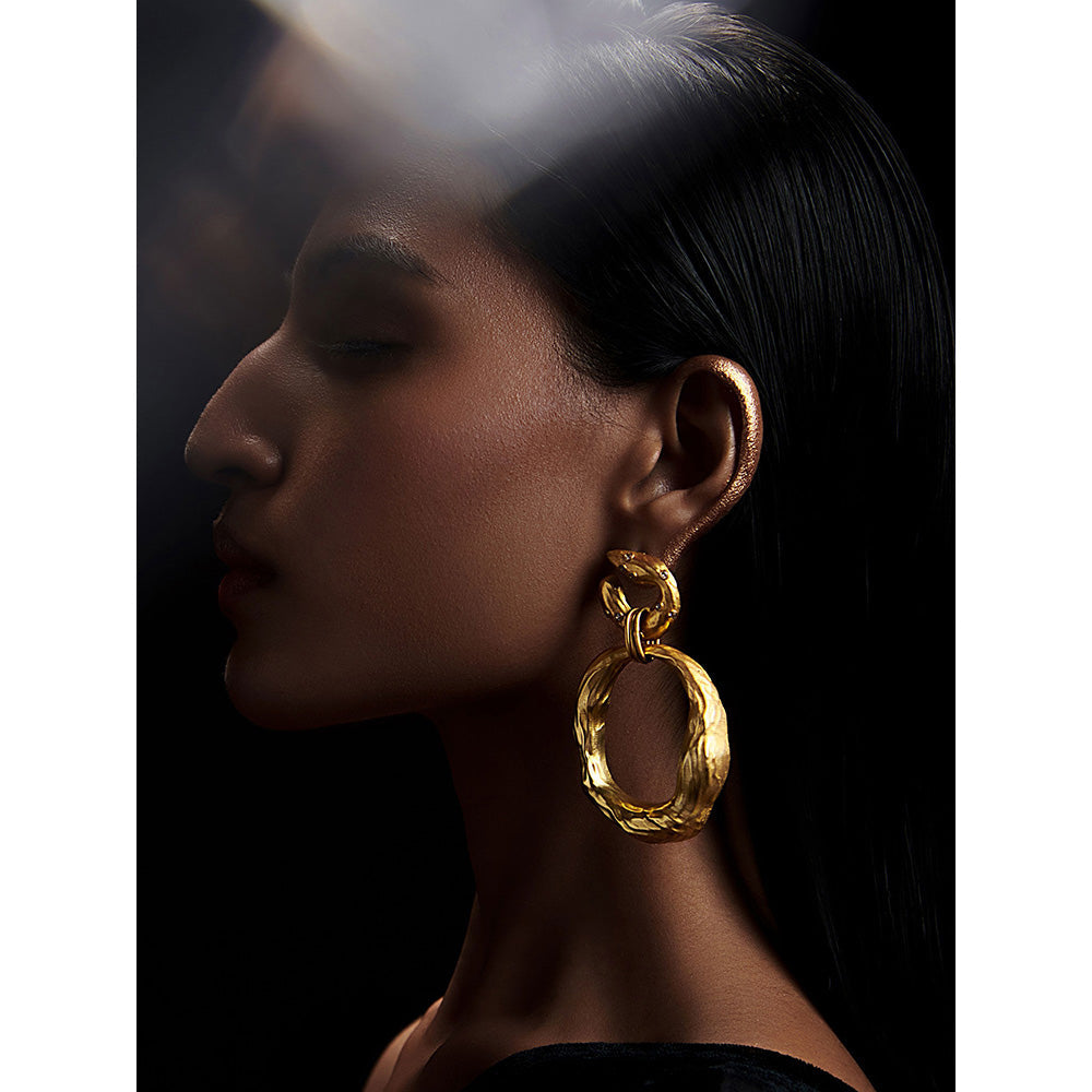ZARIIN 22k Gold Plated Organic Rings Goldtone Statement Earrings
