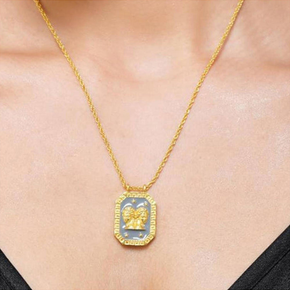 ZARIIN Gemini Zodiac Tablet Reversible Necklace With Pearl