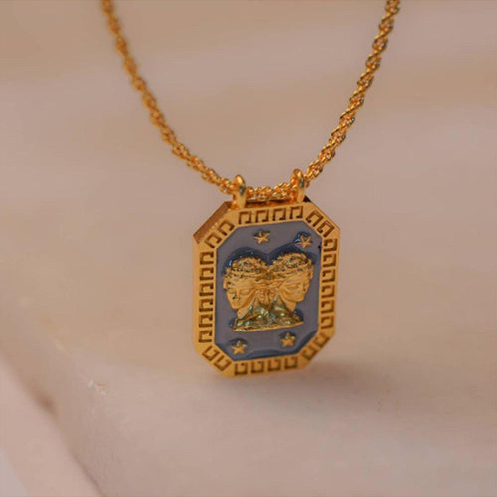 ZARIIN Gemini Zodiac Tablet Reversible Necklace With Pearl