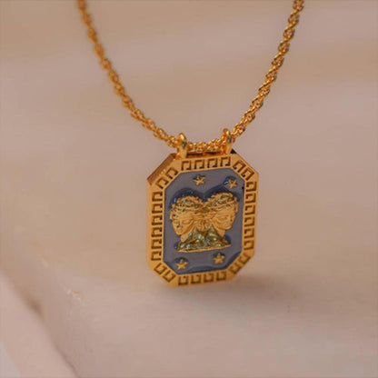 ZARIIN Gemini Zodiac Tablet Reversible Necklace With Pearl