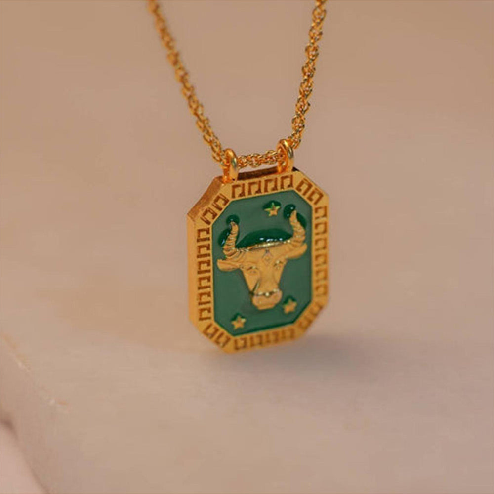 ZARIIN Taurus Zodiac Tablet Reversible Necklace With Chrysoprase