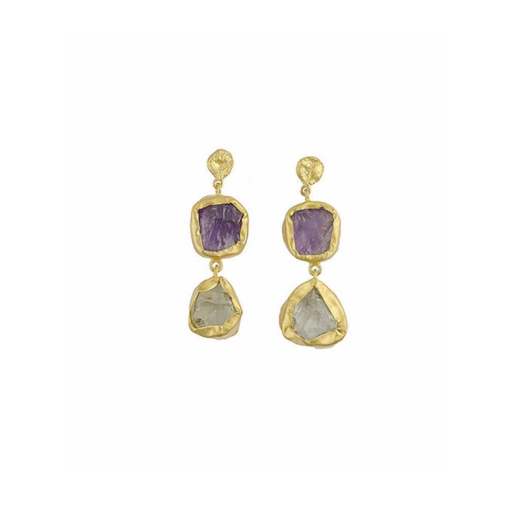 ZARIIN The Spirited Two Stone Gold Earrings With Amethys And Green Amethyst