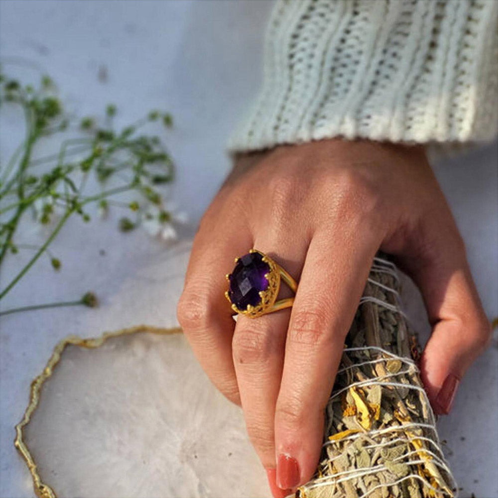 ZARIIN Amethyst Healing Ring For Calmness And Good Health