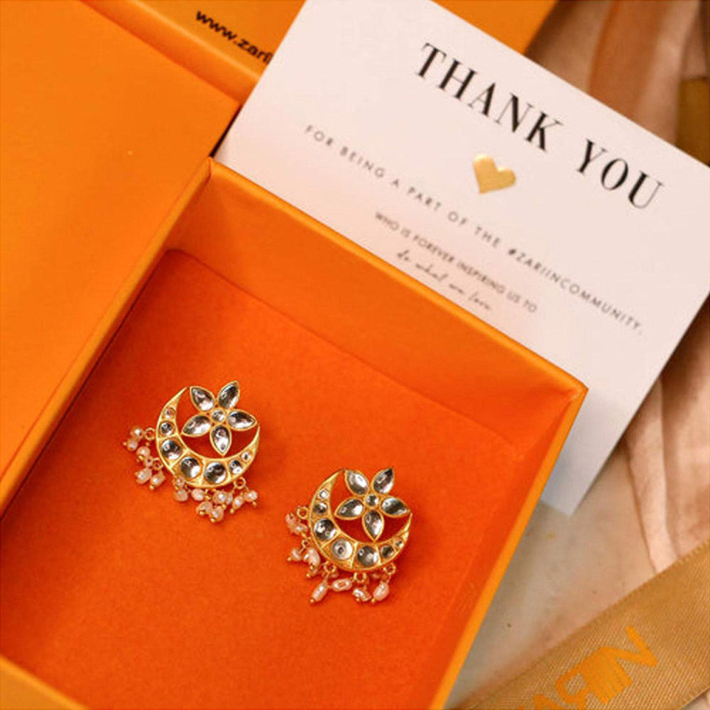 ZARIIN Chaand Phool Stud Earrings With Mirror Polki And Pearls