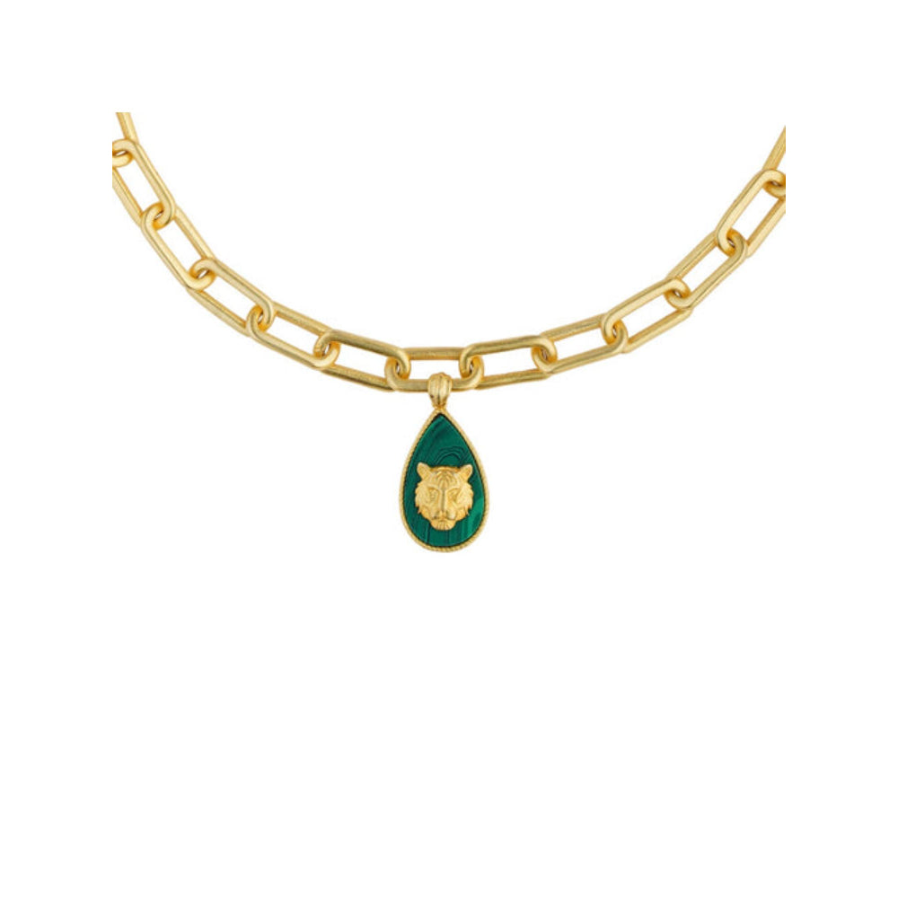 ZARIIN Tigris Charm Tiger Link Necklace With Malachite