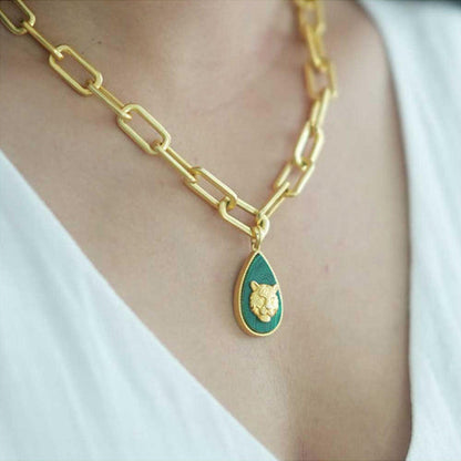 ZARIIN Tigris Charm Tiger Link Necklace With Malachite