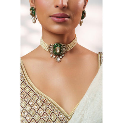 Zevar By Geeta Kayra Green Polki Choker with Pair Of Earrings