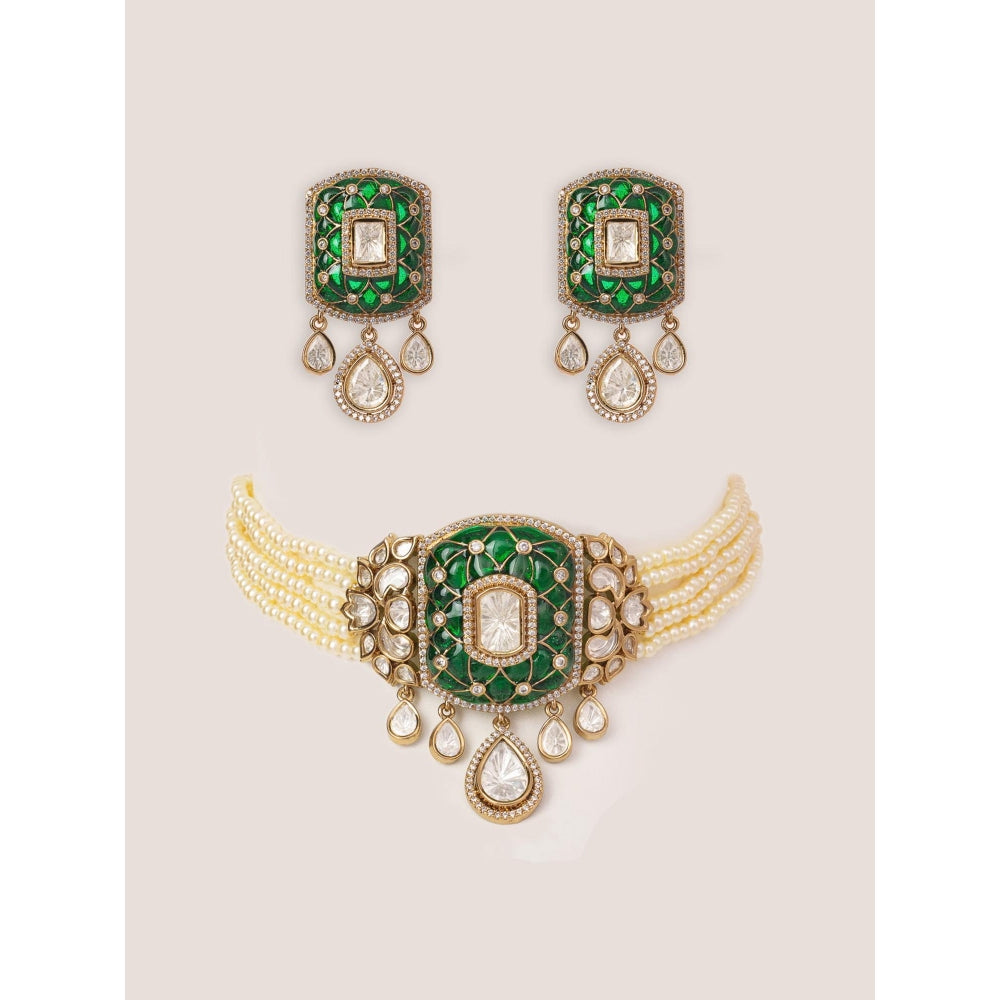 Zevar By Geeta Kayra Green Polki Choker with Pair Of Earrings