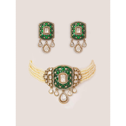 Zevar By Geeta Kayra Green Polki Choker with Pair Of Earrings