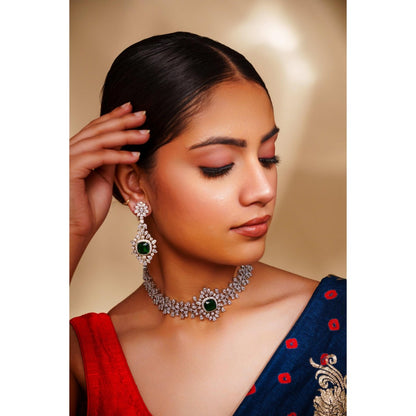 Zevar By Geeta Nisha Green Emerald Diamond Necklace and Pair Of Earrings