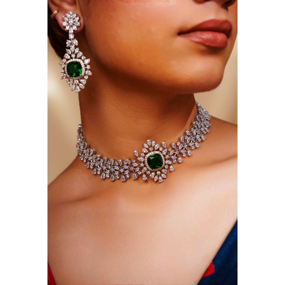 Zevar By Geeta Nisha Green Emerald Diamond Necklace and Pair Of Earrings