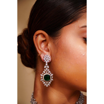 Zevar By Geeta Nisha Green Emerald Diamond Necklace and Pair Of Earrings