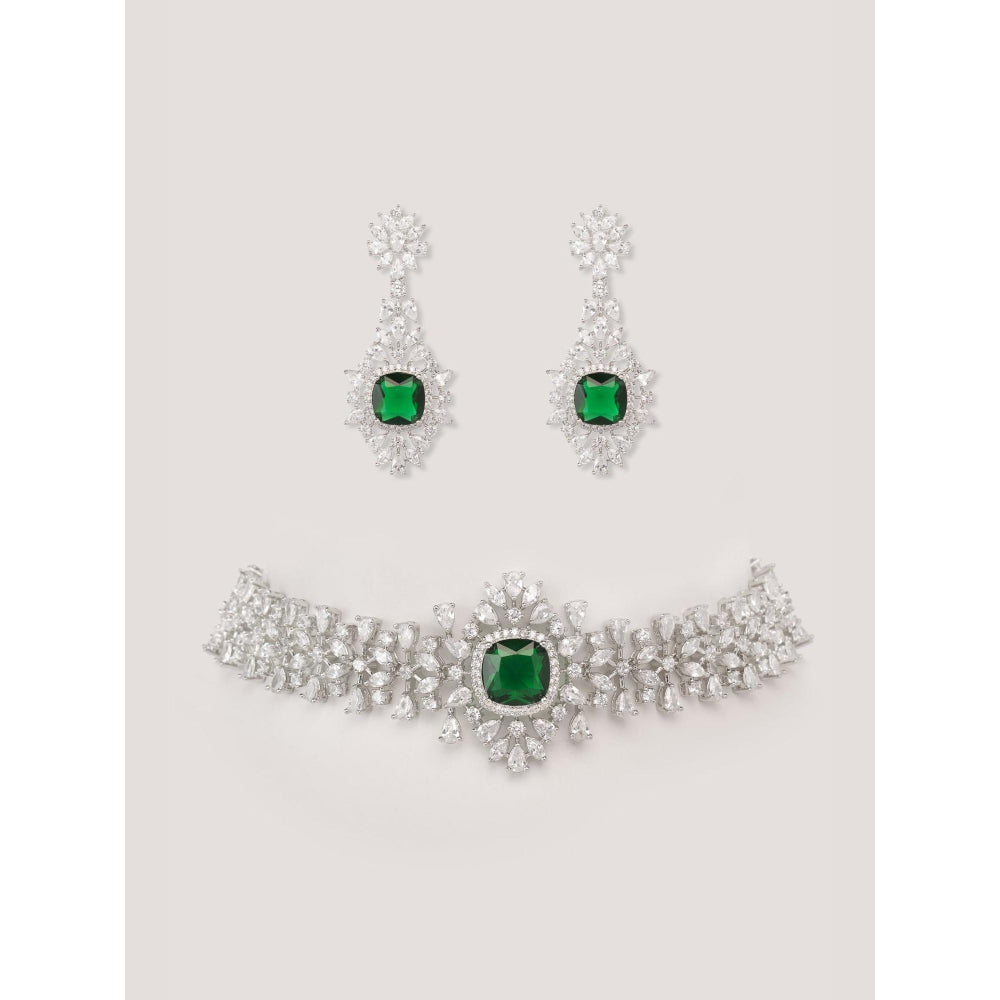 Zevar By Geeta Nisha Green Emerald Diamond Necklace and Pair Of Earrings