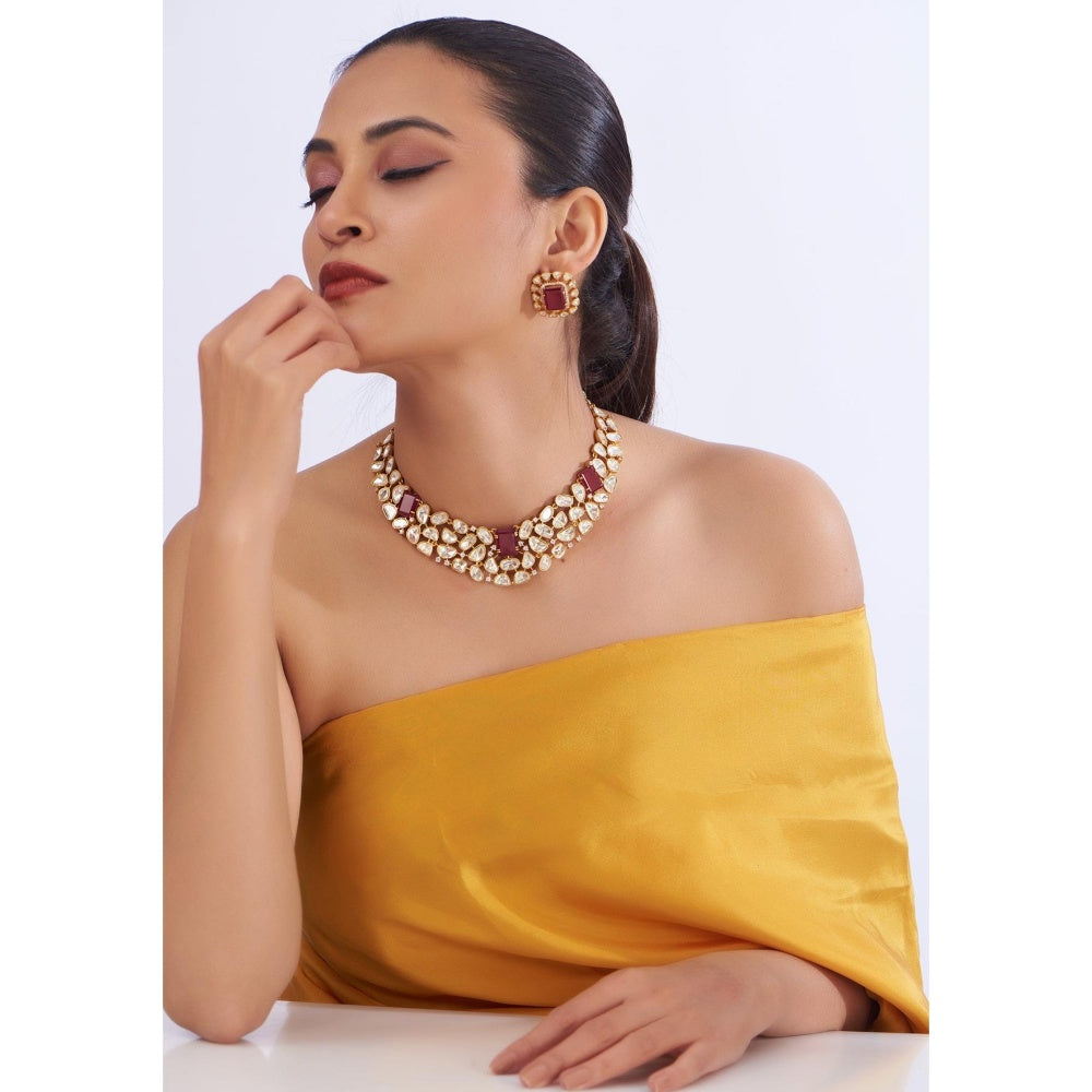 Zevar By Geeta Aarna Moissanite Red Necklace with Pair Of Earrings