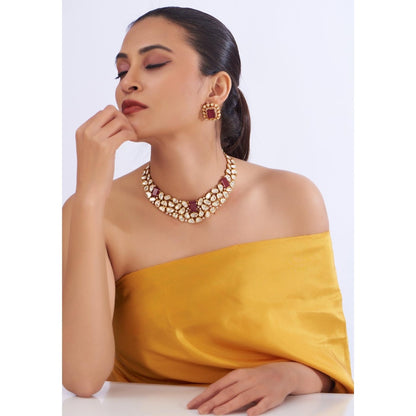 Zevar By Geeta Aarna Moissanite Red Necklace with Pair Of Earrings