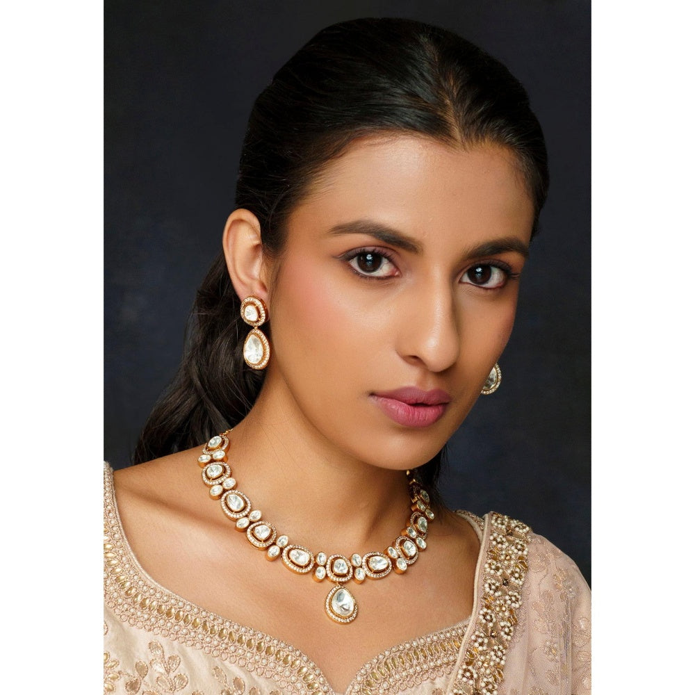 Zevar By Geeta Gold Rabiya Moissanite Necklace with Pair Of Earrings