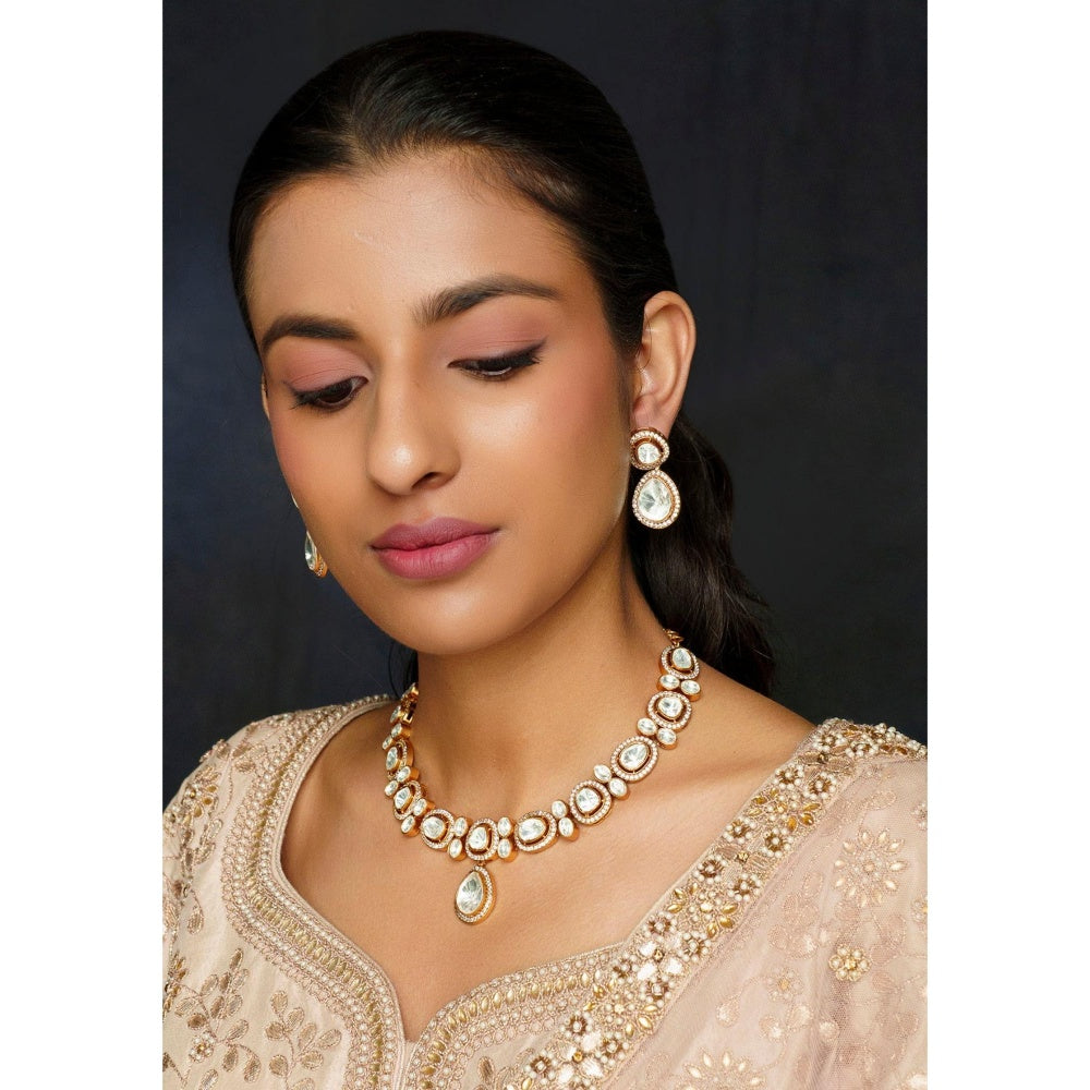 Zevar By Geeta Gold Rabiya Moissanite Necklace with Pair Of Earrings