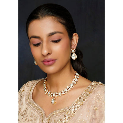 Zevar By Geeta Gold Rabiya Moissanite Necklace with Pair Of Earrings