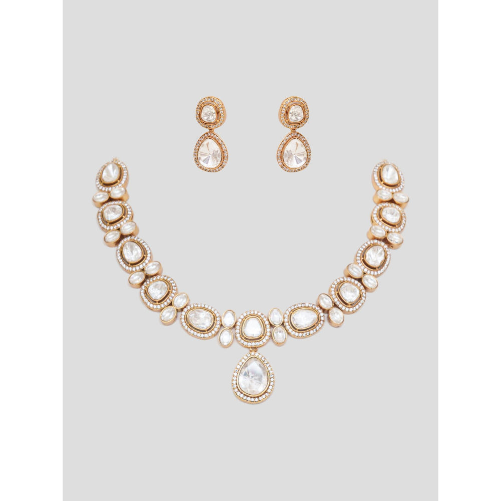 Zevar By Geeta Gold Rabiya Moissanite Necklace with Pair Of Earrings