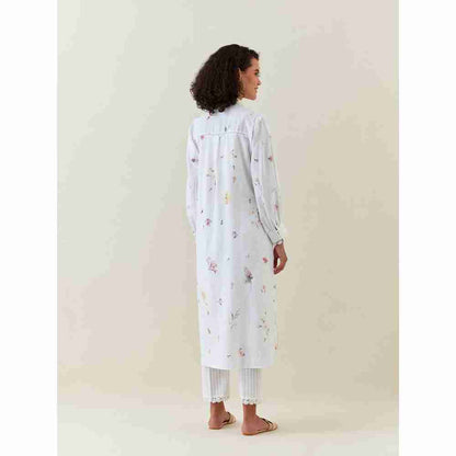 Anantaa by Roohi Trehan White Botanical Print Cotton Linen Kurta With Scalloped Net Collar
