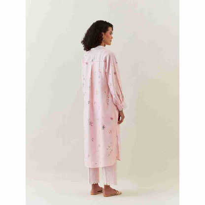 Anantaa by Roohi Trehan Pink Botanical Print Cotton Linen Kurta With Scalloped Net Collar