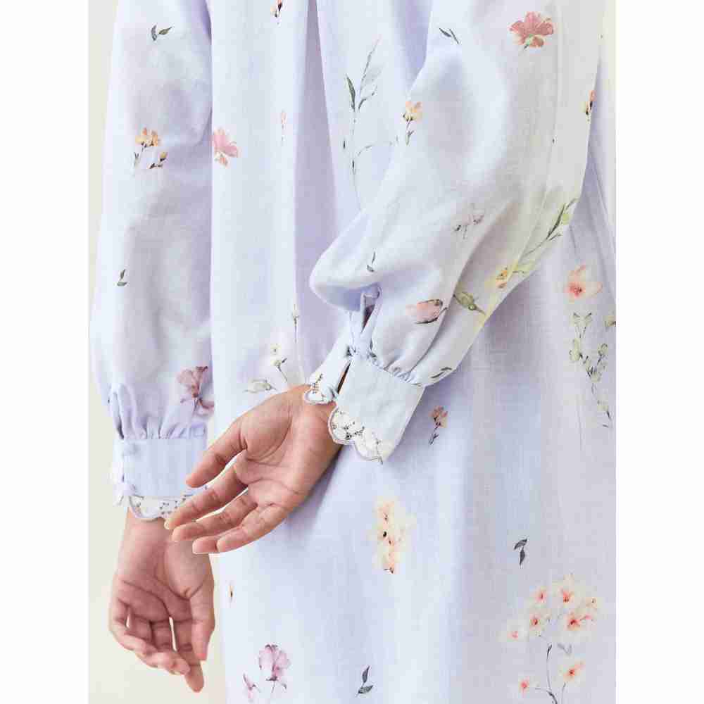 Anantaa by Roohi Trehan Blue Botanical Print Cotton Linen Kurta With Scalloped Net Collar