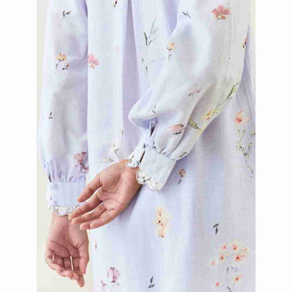 Anantaa by Roohi Trehan Blue Botanical Print Cotton Linen Kurta With Scalloped Net Collar