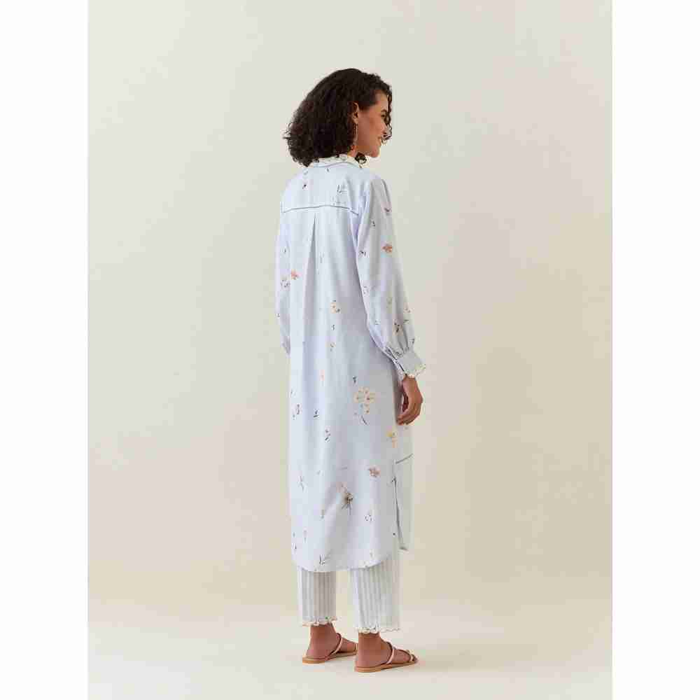 Anantaa by Roohi Trehan Blue Botanical Print Cotton Linen Kurta With Scalloped Net Collar