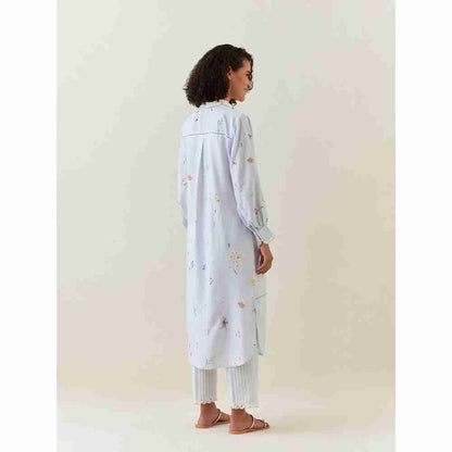 Anantaa by Roohi Trehan Blue Botanical Print Cotton Linen Kurta With Scalloped Net Collar
