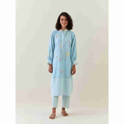 Anantaa by Roohi Trehan Blue Botanical Print Cotton Linen Kurta With Scalloped Net Collar