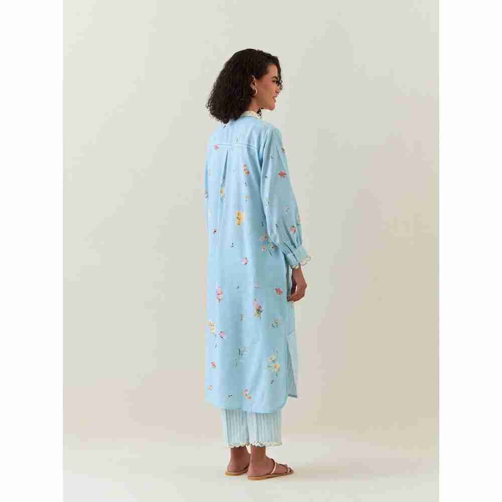 Anantaa by Roohi Trehan Blue Botanical Print Cotton Linen Kurta With Scalloped Net Collar