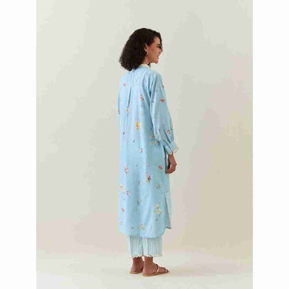Anantaa by Roohi Trehan Blue Botanical Print Cotton Linen Kurta With Scalloped Net Collar