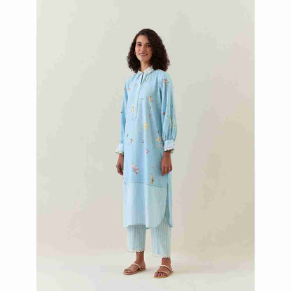 Anantaa by Roohi Trehan Blue Botanical Print Cotton Linen Kurta With Scalloped Net Collar