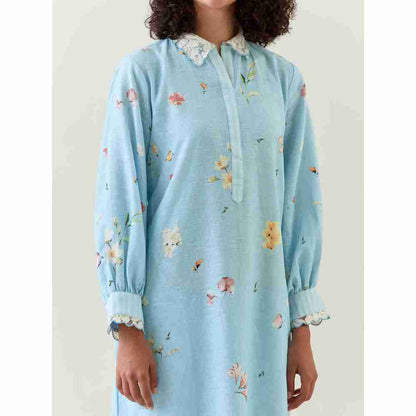 Anantaa by Roohi Trehan Blue Botanical Print Cotton Linen Kurta With Scalloped Net Collar