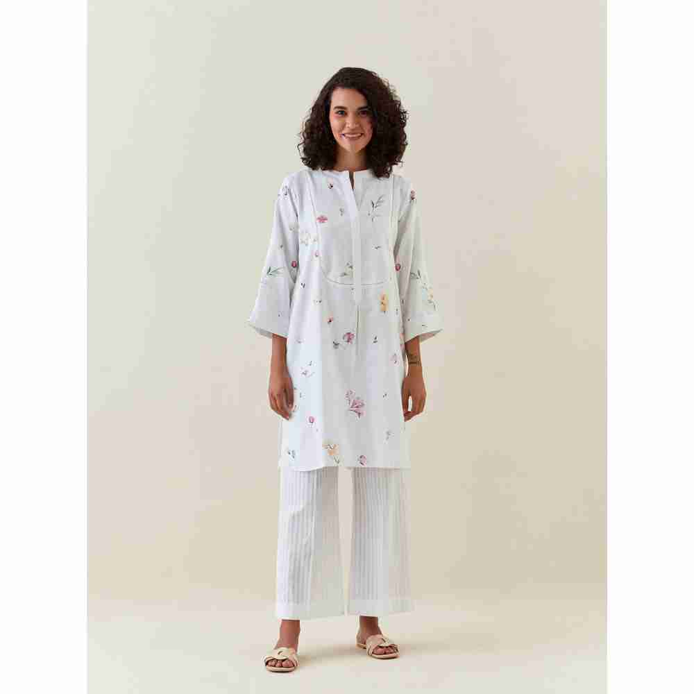 Anantaa by Roohi Trehan White Botanical Print Mid Length Cotton Linen Kurta With Yoke Placket