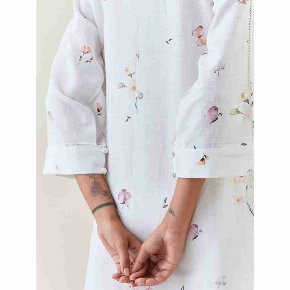 Anantaa by Roohi Trehan White Botanical Print Mid Length Cotton Linen Kurta With Yoke Placket
