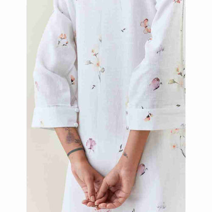 Anantaa by Roohi Trehan White Botanical Print Mid Length Cotton Linen Kurta With Yoke Placket